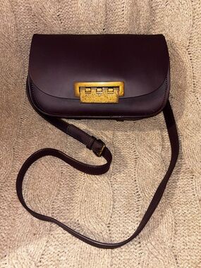 Zac Posen Purple Eggplant Plum Leather Flap Shoulder Bag / Crossbody Brass Clasp